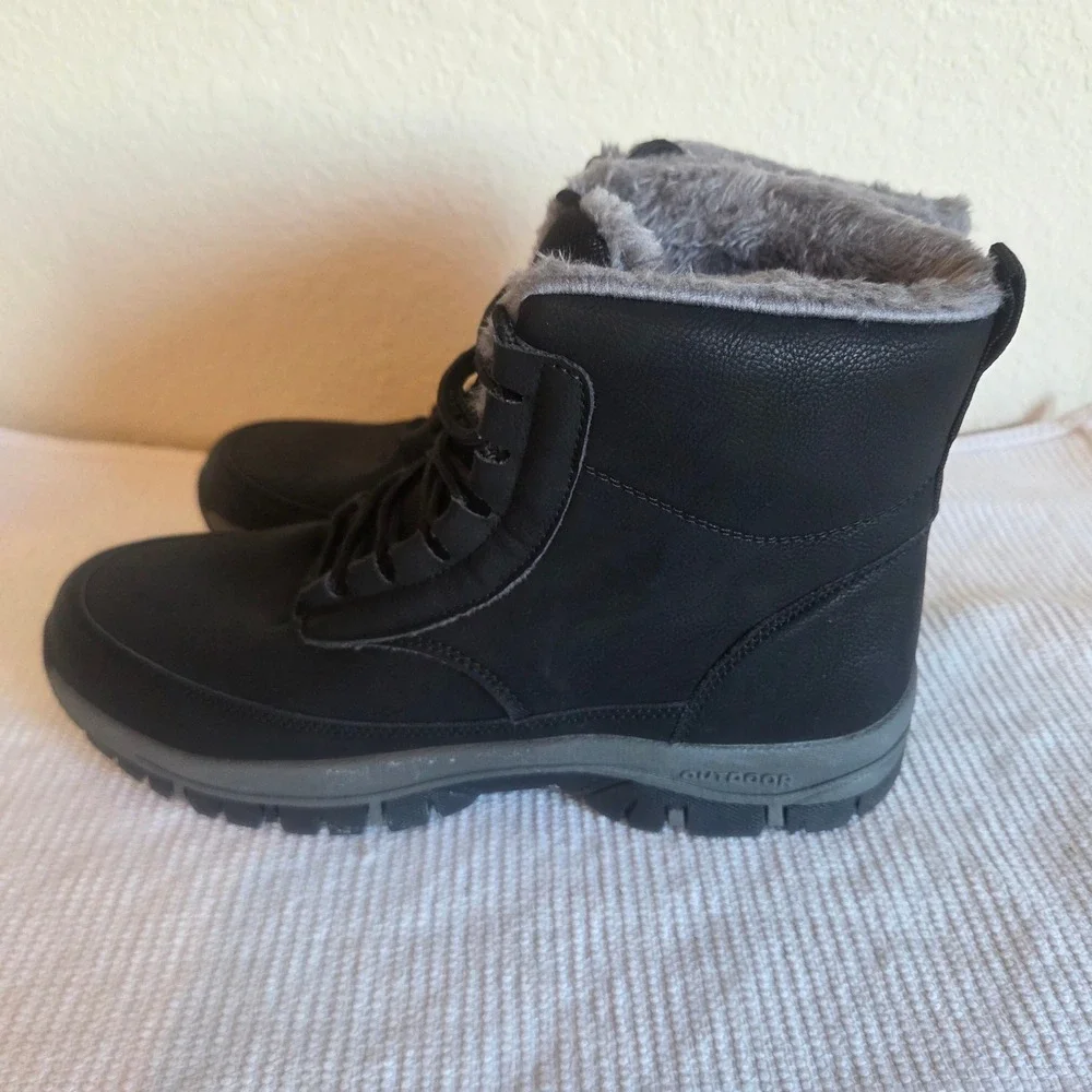 Outdoor Mens Black Winter Boots Faux Fur Lined Lace Up Hiking Snow Shoes Size 44